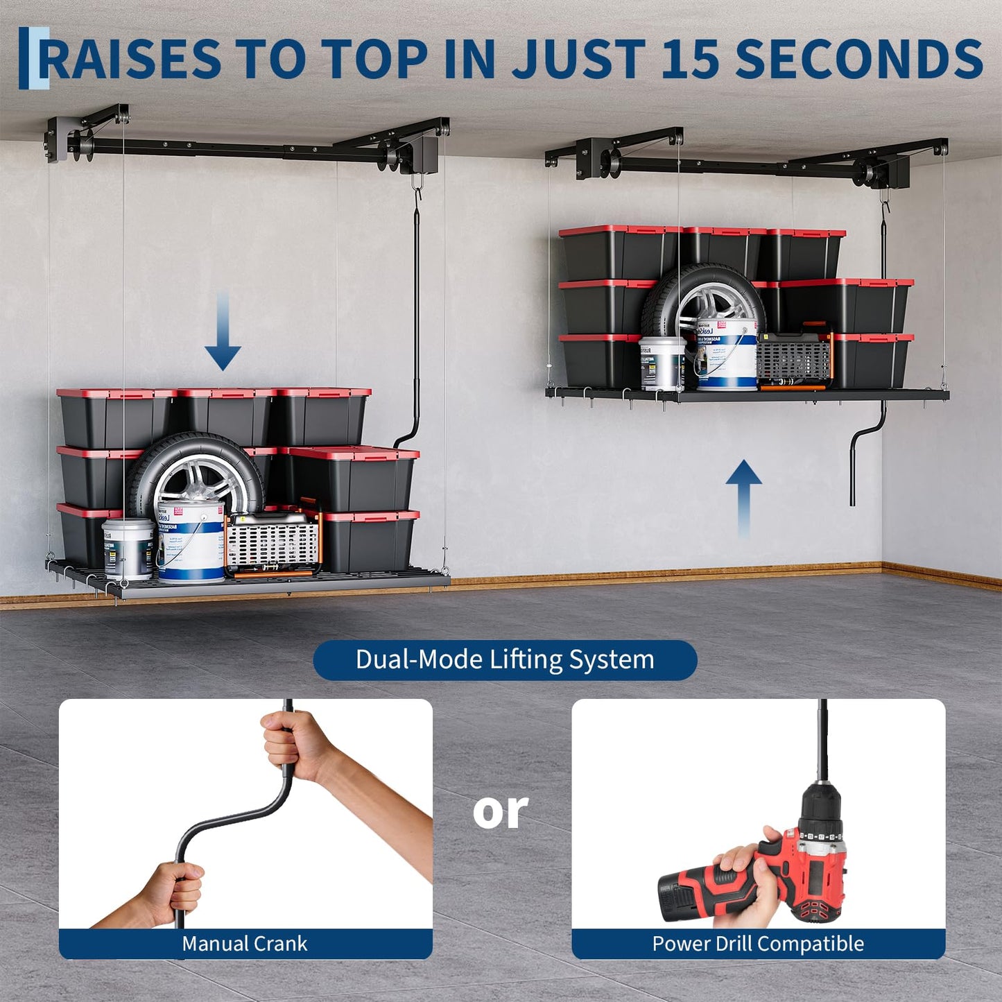 GarveeTech Overhead Garage Storage Rack, Heavy Duty Adjustable 4x4 ft Ceiling Mounted Storage Racks, 350 Lb Capacity Overhead Garage Storage Rack with Manual Safety Lock for Garage Ceiling Storage