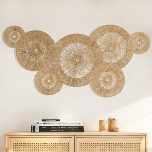 Mokof 7 Pack Boho Wall Decor Round Baskets Set (17", 15", 13", 11", 9", 7", 7") - Handwoven Large Wall Hanging Art for Bedroom, Living Room, Home Office
