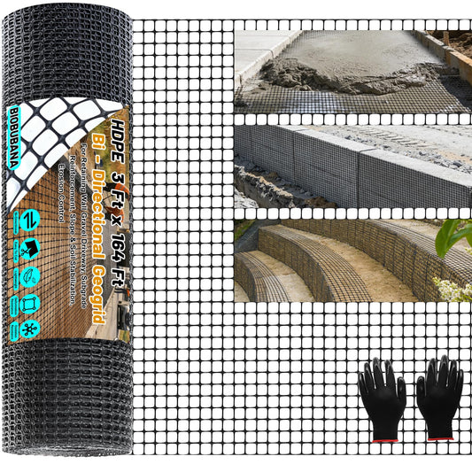 3 Ft x 164 Ft Geogrid for Retaining Wall, Bi-Directional Geo Grid Roll with Gloves, HDPE Geogrid for Gravel Driveway, Subgrade Reinforcement, Slope & Soil Stabilization, Erosion Control