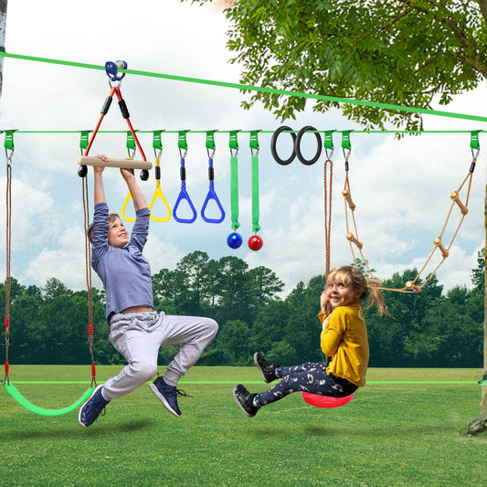 2-in-1 Ninja Warrior Obstacle Course with Zip Line for Kids & Adults, Transformable Backyard Slackline Kit, Outdoor Play Set with Swing, Climbing Obstacles & Flying Seat, Easy Setup, Heavy Duty