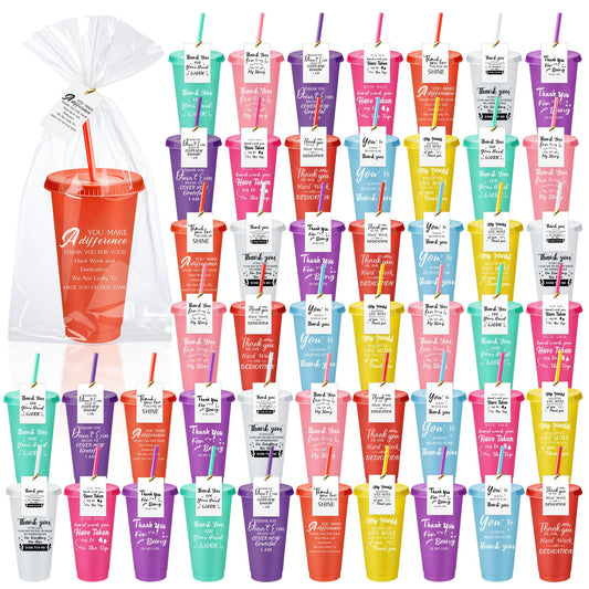 Tioncy 50 Set Employee Appreciation Gifts Bulk Team Thank You Cups 24oz Plastic Tumblers with Lids & Straws for Teacher Nurses Week 2026 Nursing Assistance Volunteer Coworker(Thank You,Multicolor)