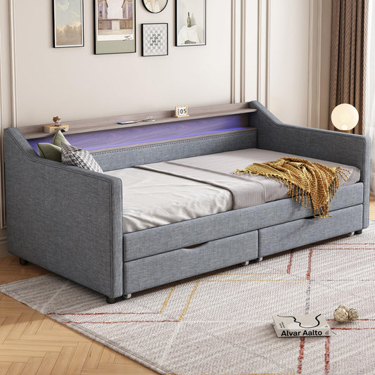 Bellemave Linen Upholstered Daybed with Storage Drawers and 2-Tier Shelf, Twin Size Daybed with Charging Station(USB Ports Type c Ports), Twin Daybed with RGB LED Light(Twin Light Grey)