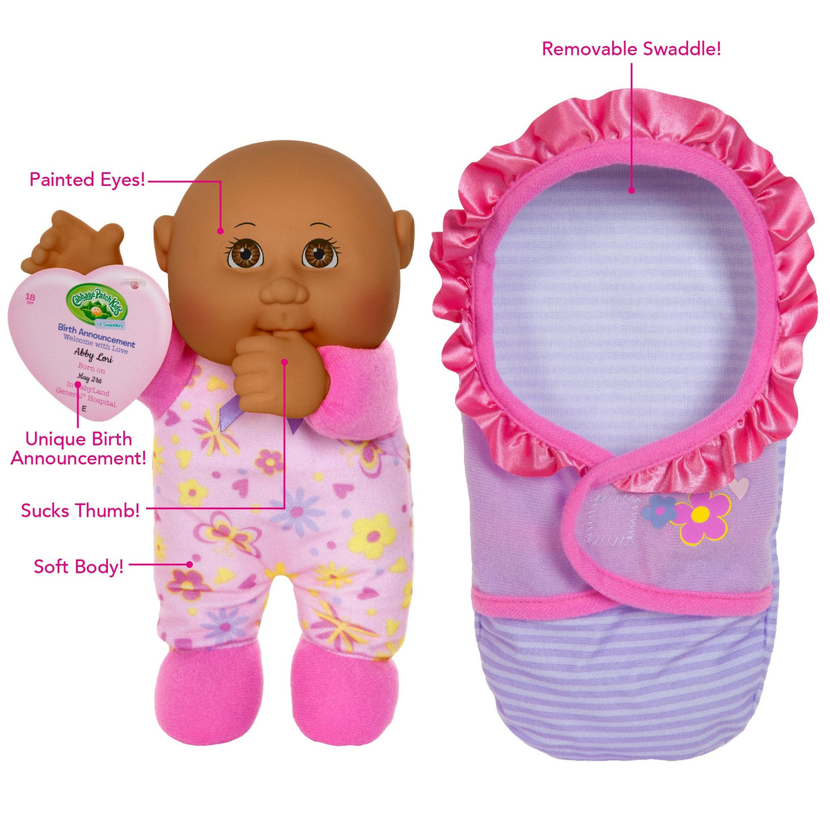 Cabbage Patch Kids Official, Newborn Baby African American Girl Doll - Comes with Swaddle Blanket and Unique Adoption Birth Announcement 9 Inches
