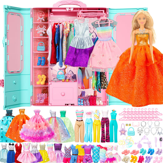 Style Shine 70 Pcs Doll Closet with Clothes & Accessories Including 2 Wedding Gowns 6 Fashion Dresses 2 Casual Outfits 2 Swimsuit 10 Shoes 20 Hangers 27 Accessories,Dress up Toys for Girls Kids Gifts