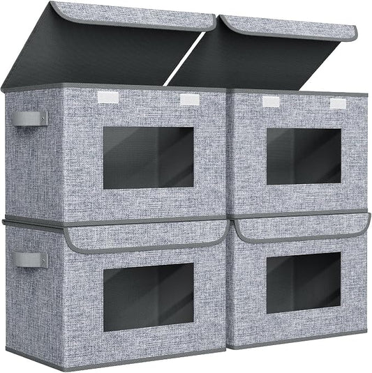 Univivi Fabric Foldable Storage Boxes [4-Pack] Large Collapsible Stackable Storage Bins with Lids, Closet Organizers and Storage Cube Basket for Home, Office, Bedroom (Grey, 17'' x 12'' x 12")