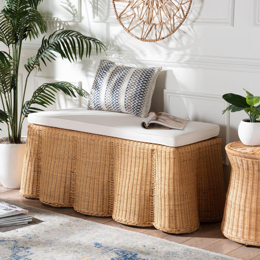 Bali & pari Palm Scallop Natural Rattan Ottoman with Cushion – Handwoven Wicker Accent Bench for Living Room, Bedroom or Entryway, Coastal Boho Style Accent Furniture, 46-inch Wide, Rectangular