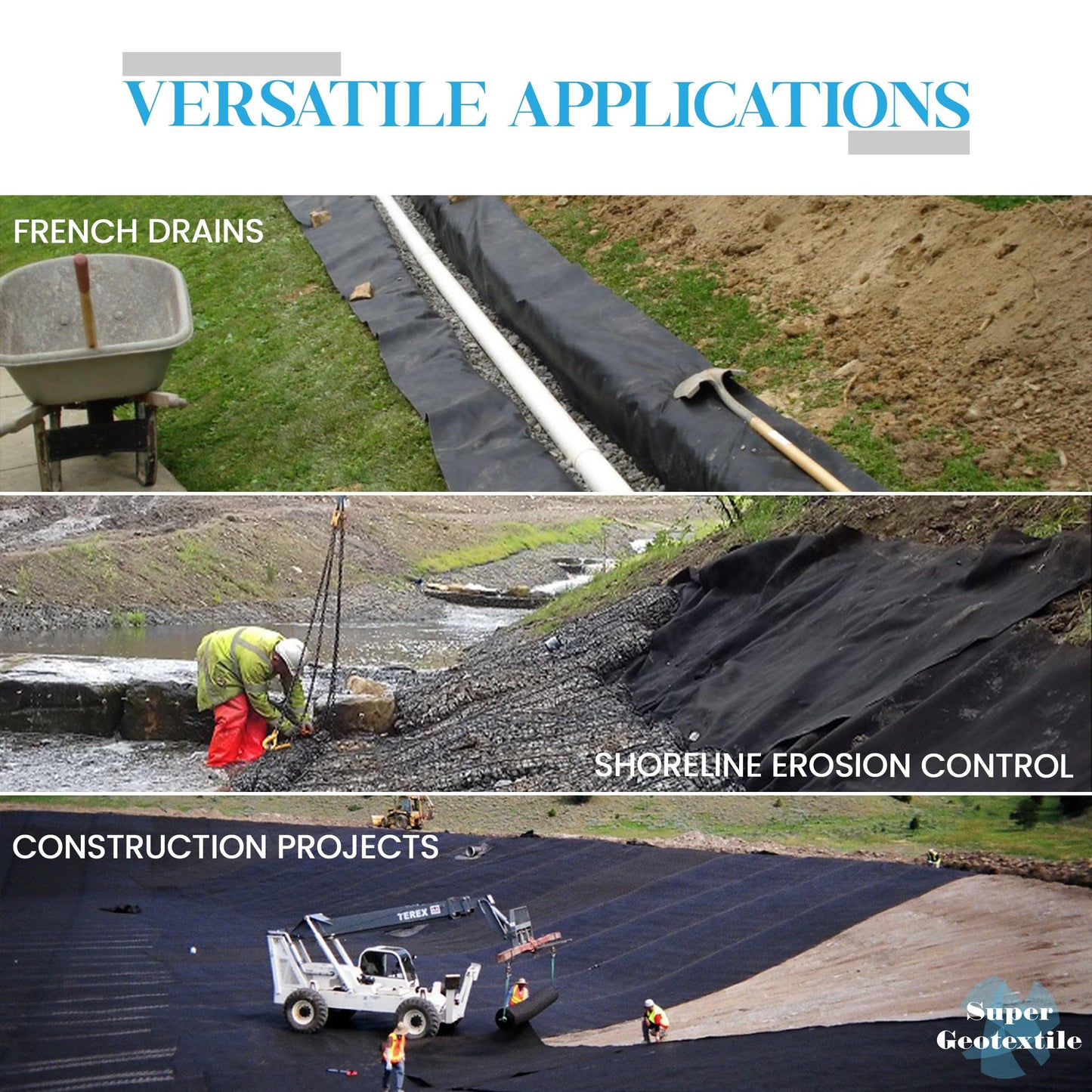 Super Geotextile 4, 6, 8 oz Non Woven Fabric for Landscaping, French Drains, Underlayment, Erosion Control, Construction Projects - 6 oz (3X50)