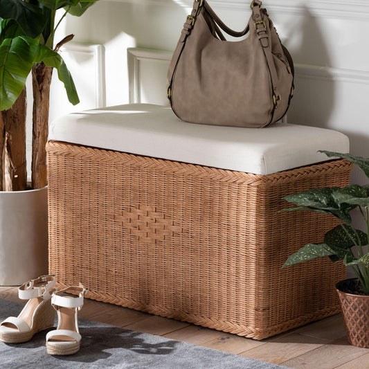 Bali & pari Eamon Braided Natural Rattan Storage Bench with Cushioned Lift-Top Lid – Coastal Boho Style Chest for Bedroom, Entryway, or Living Room Organization, 31" Rectangle, Brown