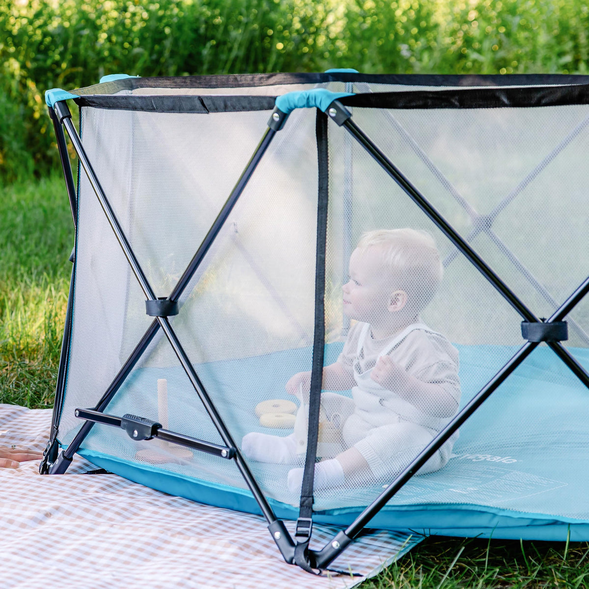 Regalo Safety My Play Deluxe Extra Large Baby Playpen & Portable Play Yard, Foldable 8-Panel Indoor Outdoor Playpen for Babies & Toddlers, Mesh Sides, Washable Nylon Bottom, 62", Aqua/Black