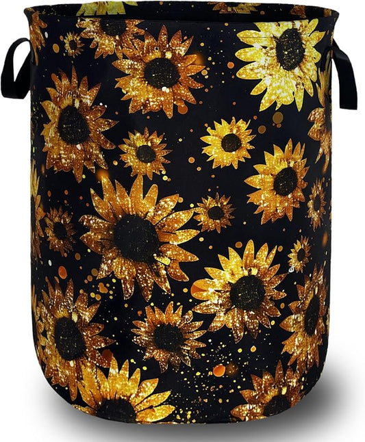 Beautiful Sunflower Laundry Basket Foldable Oxford Cloth Yellow Floral Laundry Hamper With Handle Portable Clothes Storage Organizer Basket 18.9"x16.5" Storage Bag For Laundry Room/Bathroom/Bedroom