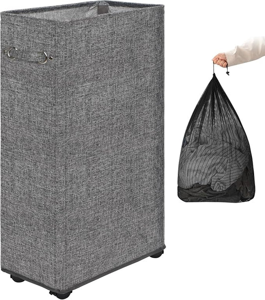 DOKEHOM 29-Inches Enlarged Slim Laundry Basket with Removable Wash Bag on Wheels, Collapsible Rolling Laundry Hamper, Foldable Narrow Corner Clothes Storage Bins (Linen Grey)