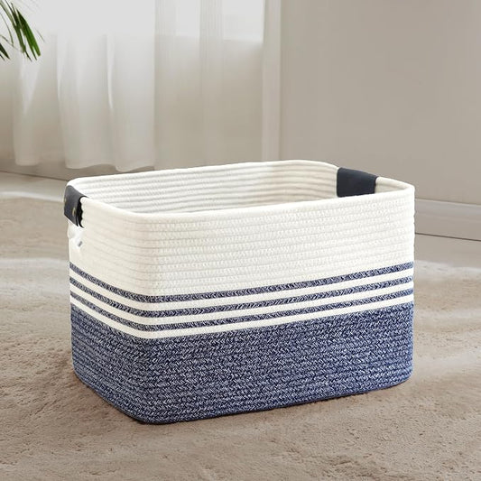 60L Large Laundry Basket with Leather Handles for Living Room Storage, Woven Rope Baskets Bin for Blanket, Kids Toy, Gifts, Wicker Hamper for Bedroom Dirty Clothes, 21"x15"x11" Denim Blue