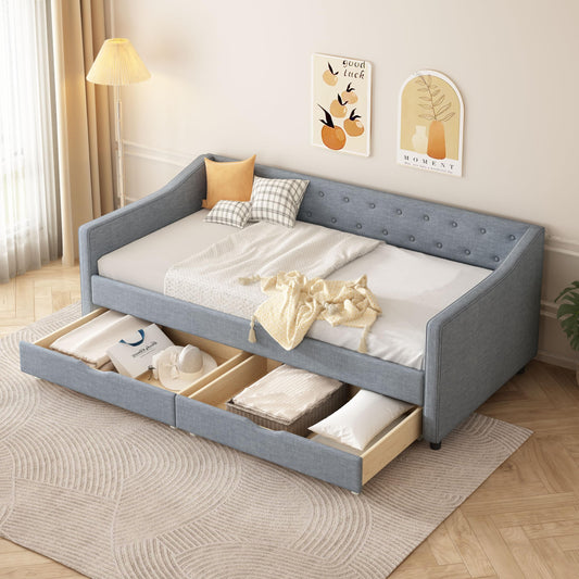 Ball & Cast Twin Size Daybed with Two Drawers and Linen Upholstered,Wood Bed Frame w/Button Tufted Back and Waved Shape Arms,Slats Support,for Apartment,Bedroom,Light Grey