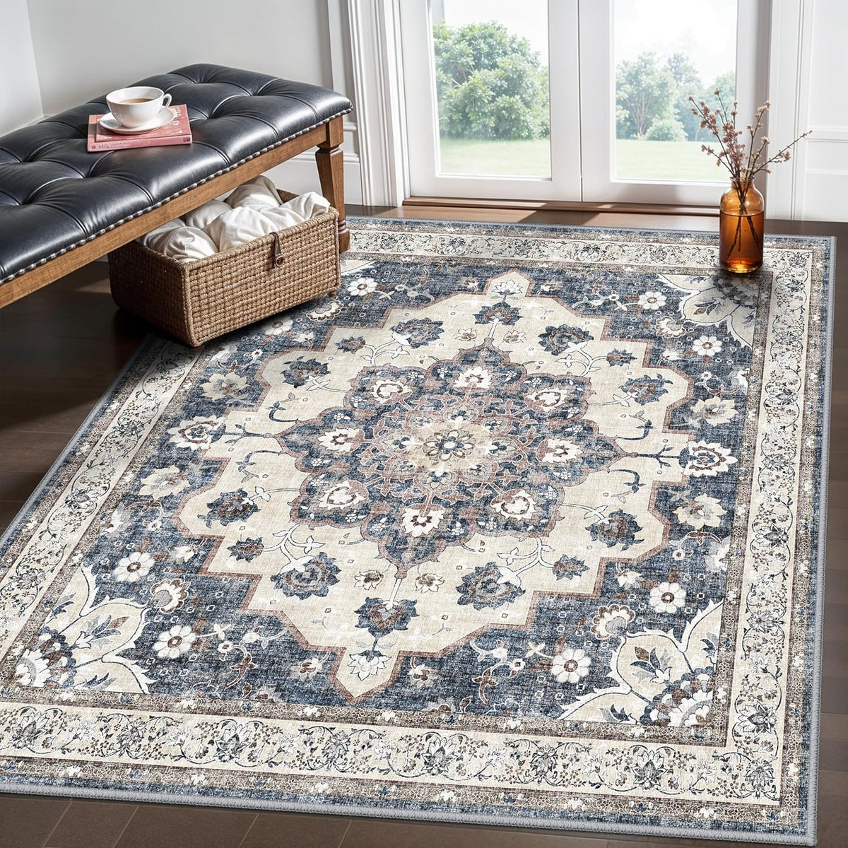 Skiennix 5x5 Square Rug - Stain Resistant Area Rug for Living Room, Bedroom & Dining Room | Non-Slip Blue Carpet