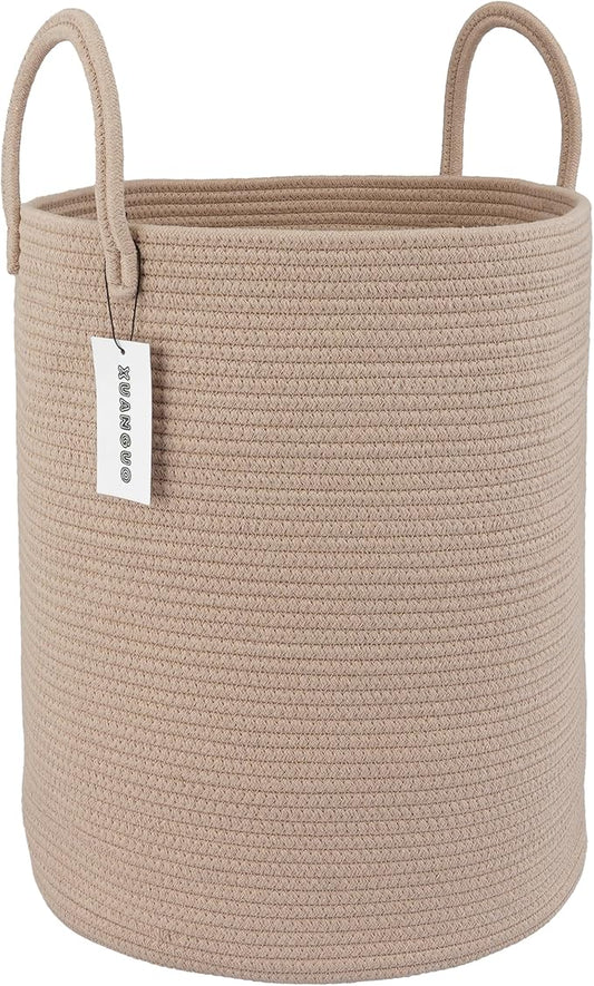 XUANGUO Cotton Rope Laundry Basket Hamper for Clothes Woven Storage Basket for Living Room Bedroom Boho Tall Rope Baskets for Blanket Toys Pillow Towels Baby Nursery Hamper Bin Konjac