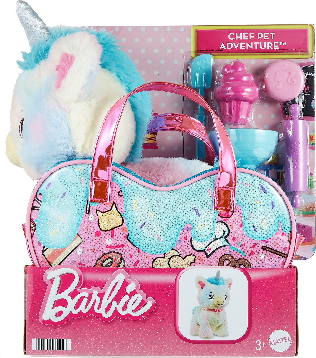 Barbie Stuffed Animals, Unicorn Toys, Plush Unicorn with Dessert-Themed Purse Playset and 5 Accessories, Chef Pet Adventure