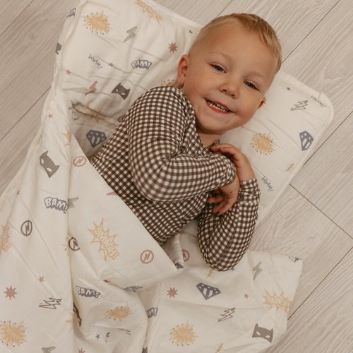 Makemake Organics GOTS Certified Organic Cotton Nap Mat Pillow Kids Sleeping Bag Toddlers Boys Girls Daycare Preschool Kindergarten Superheros - 20"x50" - Mighty Heros