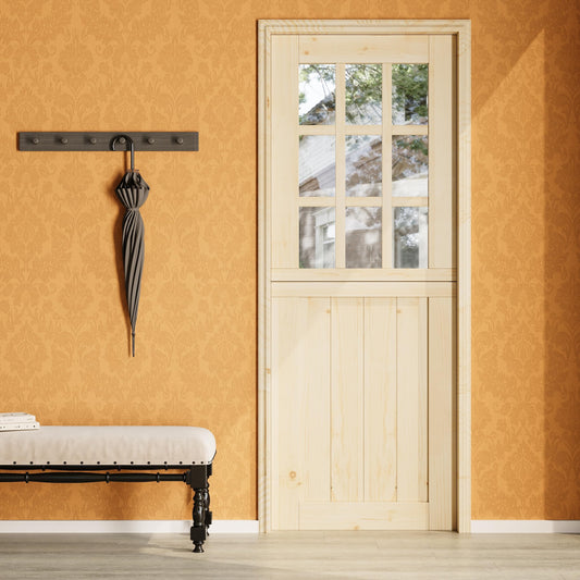 30" x 80" Dutch Door Slab with 9 Lite Tempered Clear Glass, 1.75" Solid Pine Front Entry Interior Door, Ideal for Porch, Backyard, and Exterior Use