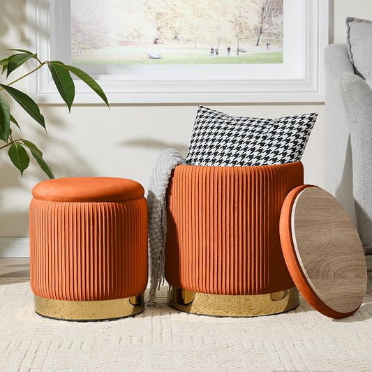 Royal Windsor Round Ottoman with Storage Set of 2, Vanity Stool with Storage for Bedroom, Ottoman Coffee Table Gold-Tone Ring Around the Base, Small Velvet Foot Stool for Living Room, Orange