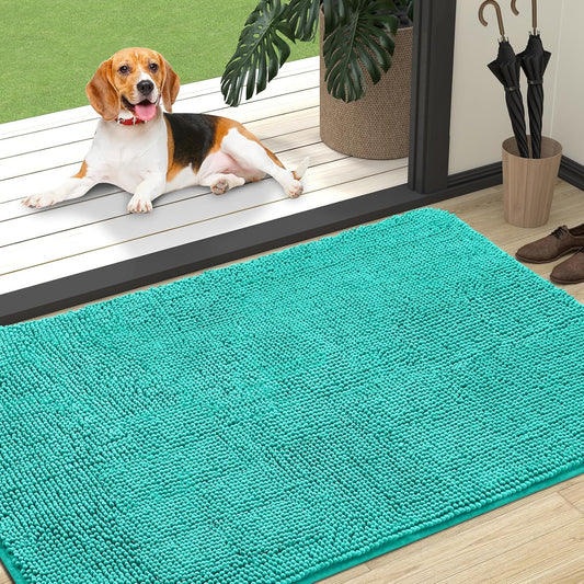OLANLY Dog Door Mat - Absorbent Non-Slip Chenille Mat for Muddy Paws | Quick Dry 47x32 Teal Doormat