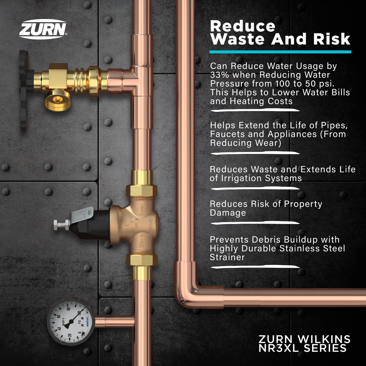 Zurn Wilkins 12-NR3XLDU 1/2" NR3XL Pressure Reducing Valve with Double Union FNPT Connection