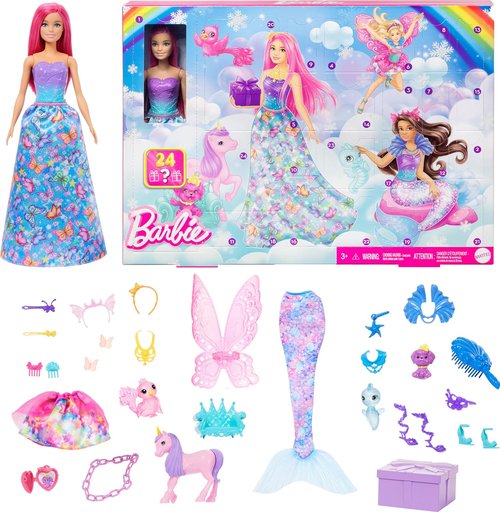 Barbie Advent Calendar - Doll with 24 Surprise Accessories, Unicorn & 3 Pets | Transform Pink-Haired Fashion Doll into Mermaid & Fairy