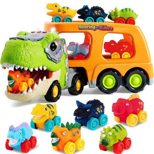 JOYIN Dinosaur Toys for Kids 2-4, Toddler Boy Toys, Dinosaur Carrier Truck with 6 Rubber Car Vehicles, Easter Birthday Gifts with Music & Lights for 2 3 4 5 Year Old