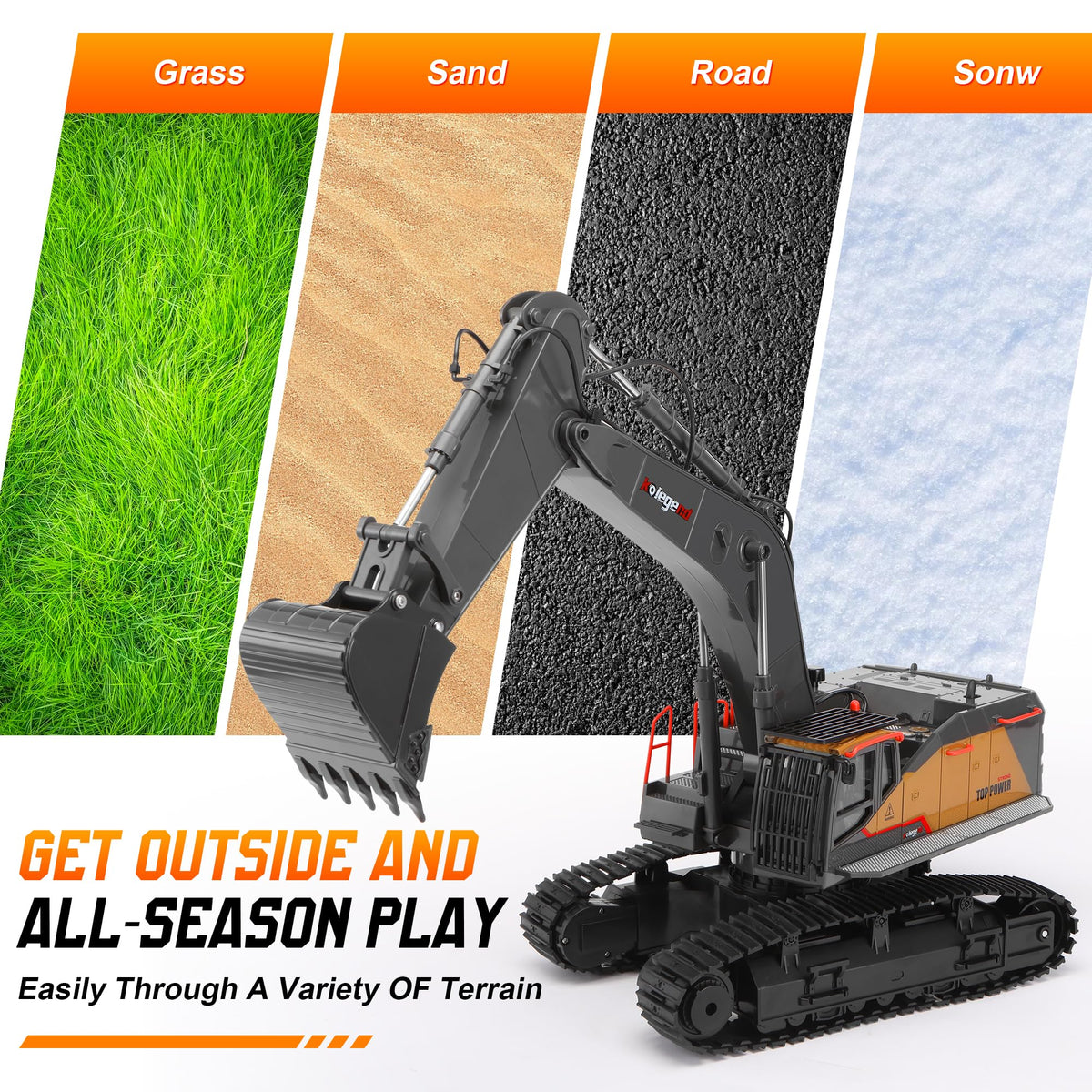 kolegend 1:14 RC Excavator 25 Channel 4 in 1 Construction Toys,Remote Control Vehicles Tractor Sandbox Toys Digger,with Metal Bucket,Drill Bit,Gripper & Wood Gripper RC Truck