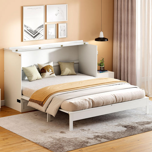Ball & Cast Murphy Bed Queen Size Bedroom Folding Wall Cabinets Frame with Large Drawer and USB Ports,Hideaway Bed w/Tri-Fold Mattress Design,for Guest Room,Study,Office,White