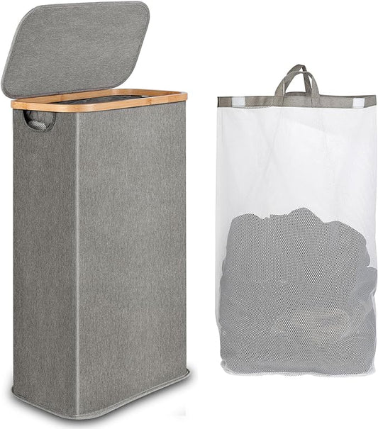 iEGrow 65L Slim Laundry Hamper, Narrow Laundry Basket with Lid,Foldable Clothes Hamper with Bamboo Handles,Hamper Basket with Removable Inner Bag for Laundry Room Bedroom College Dorm,17.17 Gals Grey