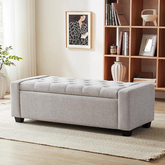 Huatean Home 48" Ottoman with Storage, Storage Ottoman Bench with Safety Hinge, Upholstered Entryway Bench with Seating for Bedroom, Living Room, Holds up to 330 lb(Light Gray)