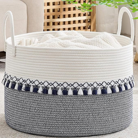 KAKAMAY Cotton Rope Storage Basket (20"x13"),Woven Hamper for Blankets,Toys,Pillows,Clothes,Laundry,Sturdy Handles Decorative Basket for Living Room, Bedroom,Nursery(Blue Printing)