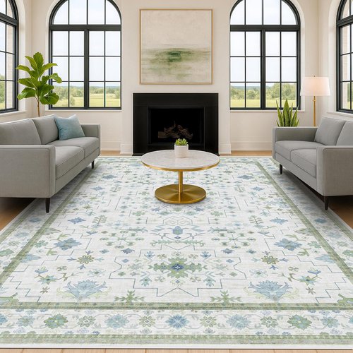 Hazo Haus Washable Area Rugs - Extra Large 10x12 Cream, Blue & Green Floral Geometric Design