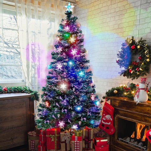 Juegoal 6 ft Pre-Lit Christmas Tree - RGB Color Changing LED Lights & Snowflakes | Artificial Xmas Tree with Metal Legs