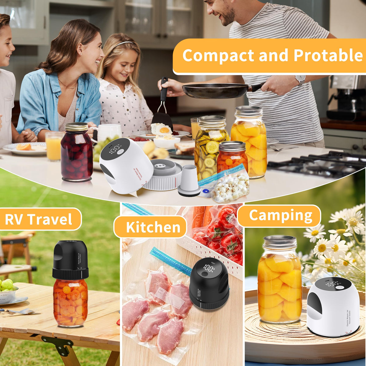 3 in 1 Electric Mason Jar Vacuum Sealer Kit, Auto Stop Jar Vacuum Sealer for Mason Jar Wide & Regular Mouth & Sous Vide Bags Compact vacuum sealer for Food White