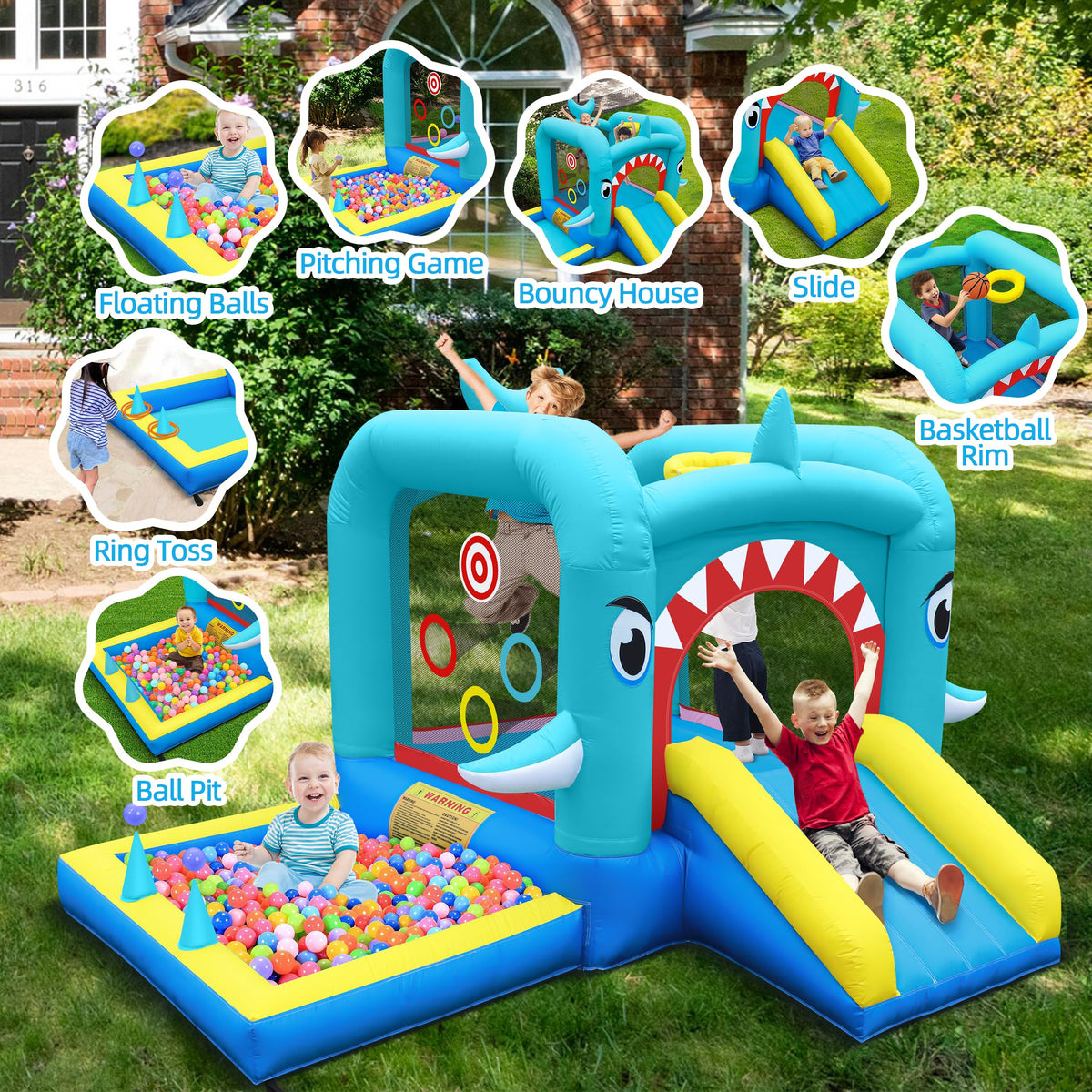 Culaluva Inflatable Bounce House: Jump Bouncer Castle Slide Combo - 7 in 1 for Kids 3-6 - with 370W Blower - for Indoor Outdoor Play