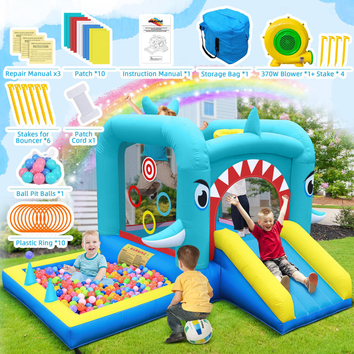 Culaluva Inflatable Bounce House: Jump Bouncer Castle Slide Combo - 7 in 1 for Kids 3-6 - with 370W Blower - for Indoor Outdoor Play