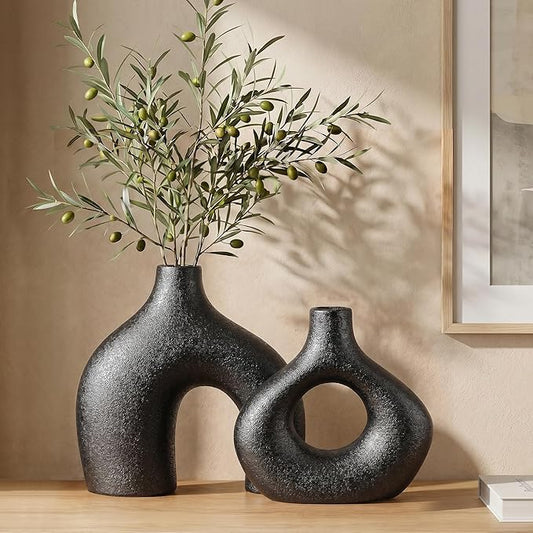 Black Ceramic Flower Vase Home Decor Set of 2, Farmhouse Table Vases Rustic Vintage Living Room Kitchen Bedroom Decorations for House Book Shelf Office Coffee Desk Dining Fireplace