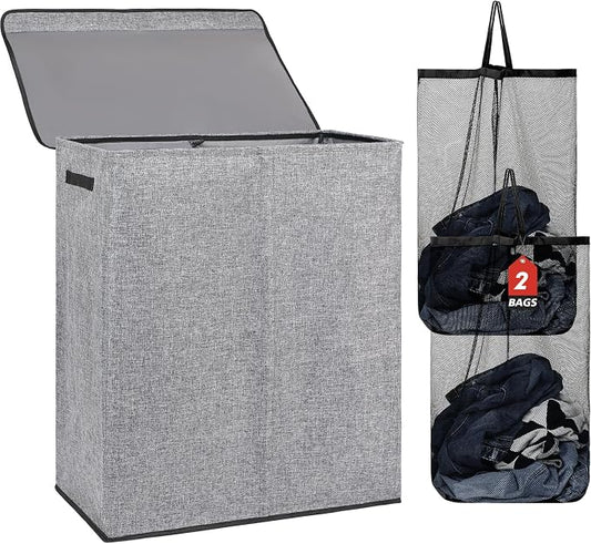 DOKEHOM 150L Extra Large Laundry Hamper with Lid, 2-Section Double Laundry Basket with Removable Mesh Liner Bags, Collapsible Clothes Sorter for Family, Bedroom, Laundry Room, Grey