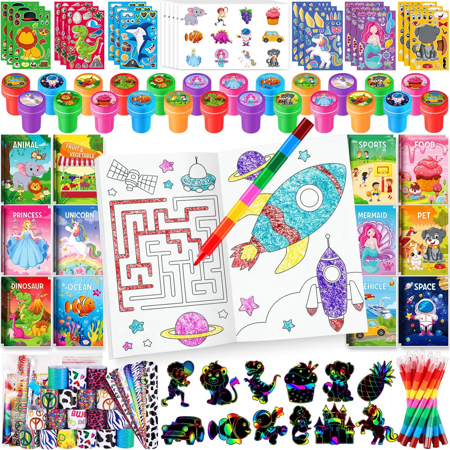 BenLouis 96Pcs Kids Party Favors Mini Coloring Books Crayon Slap Bracelets Stickers Set Bulk for Kids 4-8-12 Classroom Birthday Gifts Goodie Bags Pinata Stuffers School Rewards Crafts Supplies