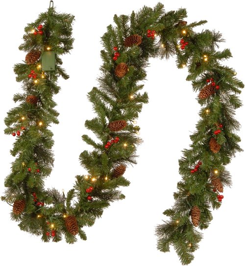 National Tree Company 9 Ft Pre-Lit Crestwood Spruce Christmas Garland | Glitter, Pinecones & 50 LED Lights