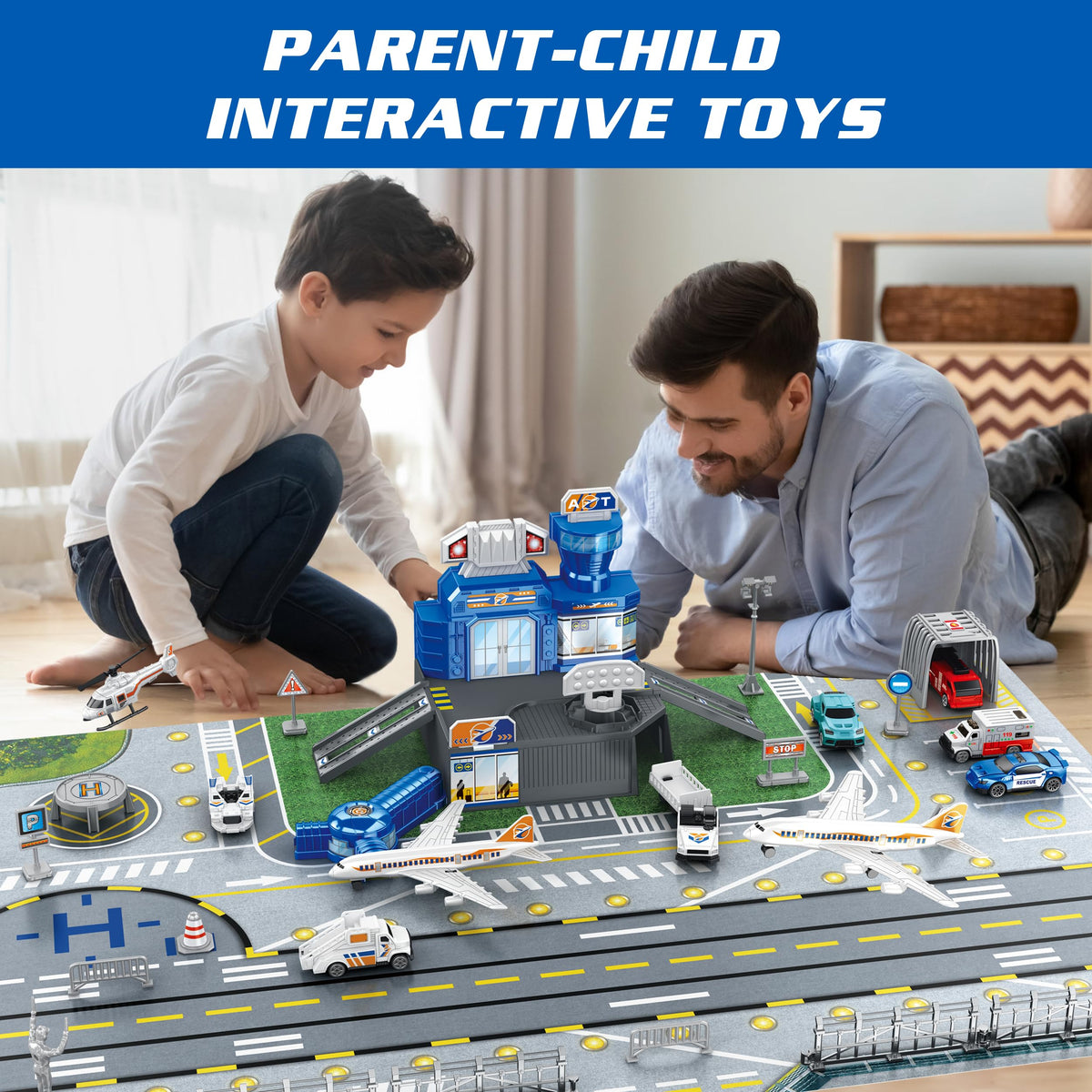 Airplane Toy Set with Trucks, Helicopter, Planes, Signs and Airport Playmat, Interactive Early Learning Toys for Boys Girls, Great Gift for Birthday