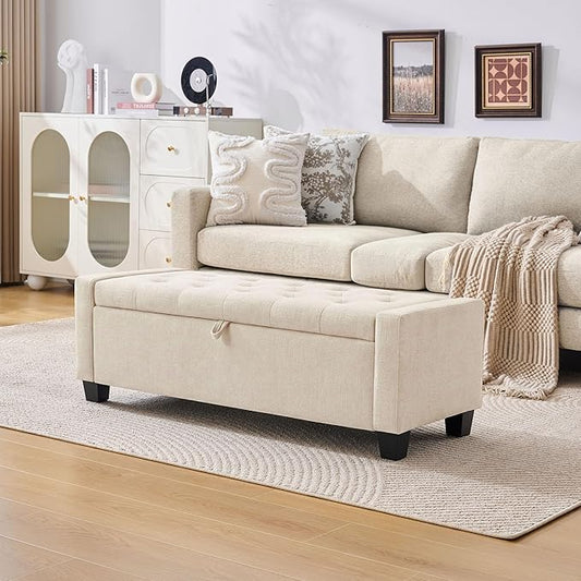 Huatean Home 43" Ottoman with Storage, Storage Ottoman Bench with Safety Hinge, Upholstered Entryway Bench with Seating for Bedroom, Living Room, Holds up to 330 lb, Beige