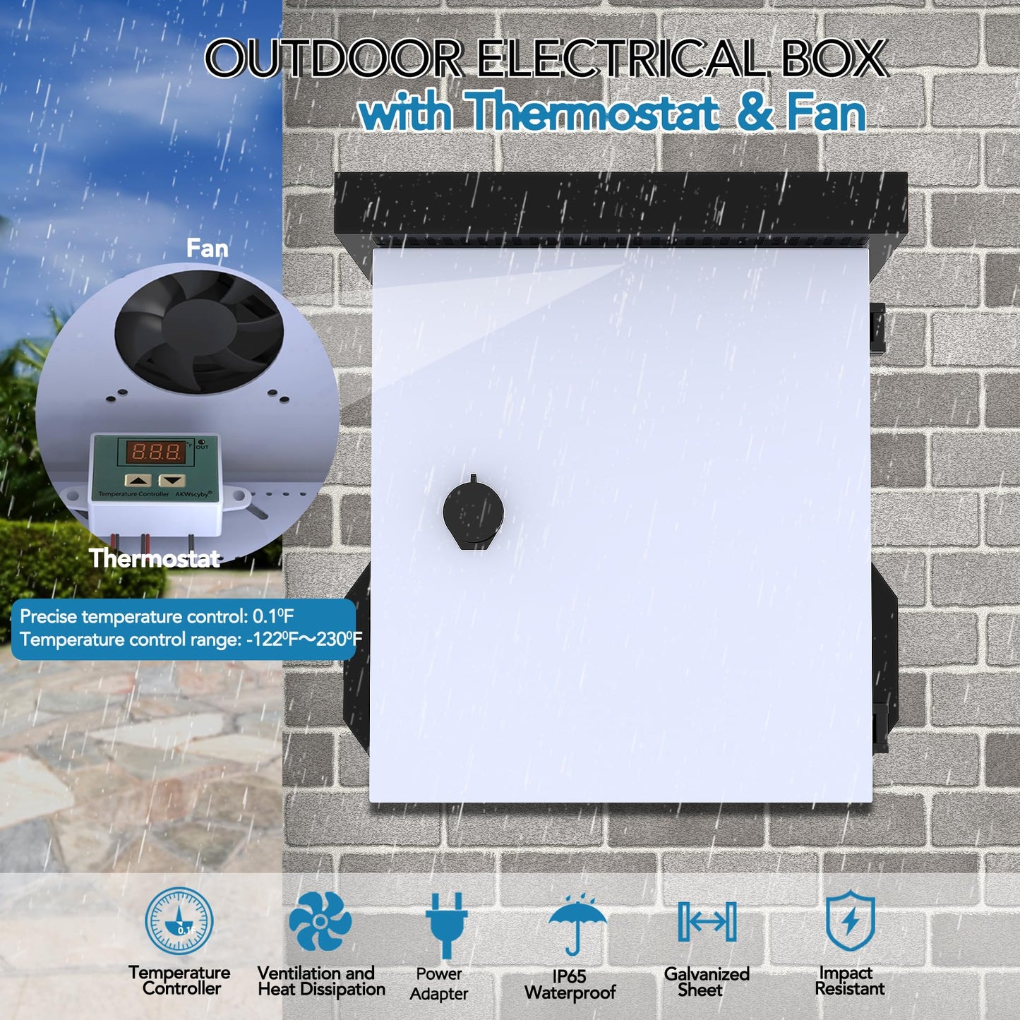 Akwscyby Outdoor Electrical Box with Thermostat and Fan, Precise Temperature Control 0.1°F, IP65 Water Resistant Rating, Galvanized Steel, Aluminum Rear Beam (17.7 "x13.4 x9.4)