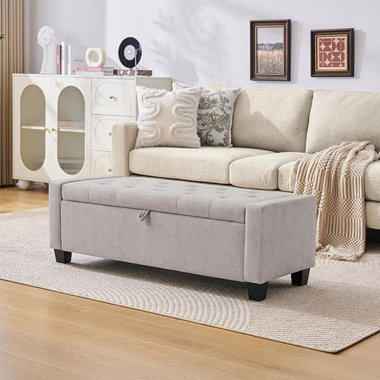 Huatean Home 43" Ottoman with Storage, Storage Ottoman Bench with Safety Hinge, Upholstered Entryway Bench with Seating for Bedroom, Living Room, Holds up to 330 lb(Light Gray)