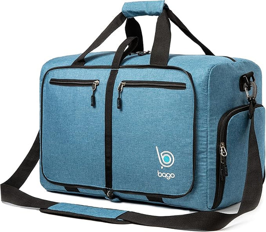 Bago Foldable Duffel Bags for Traveling Women & Men - 40L Sports Packable Duffle Bag for Travel with Shoe Compartment - Water Repellant, Heavy Duty, Lightweight Folding & Collapsible (SnowBlue)
