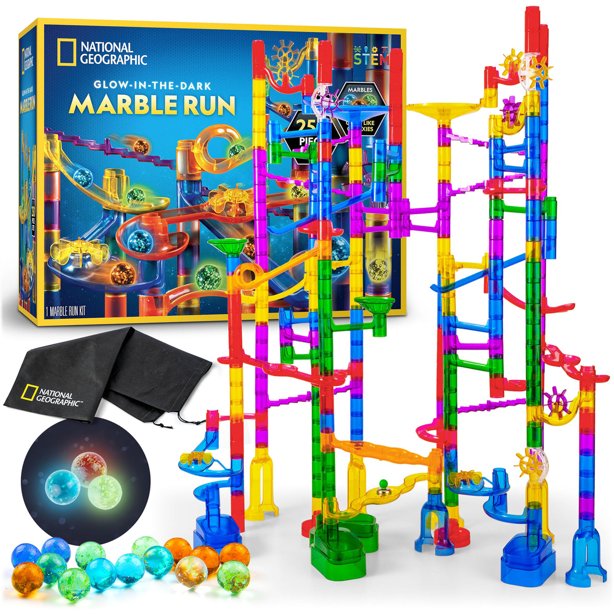 NATIONAL GEOGRAPHIC Glowing Marble Run – 250 Piece Construction Set with 50 Glow in The Dark Glass Marbles & Storage Bag, STEM Gifts for Boys and Girls, Building Project Toy (Amazon Exclusive)