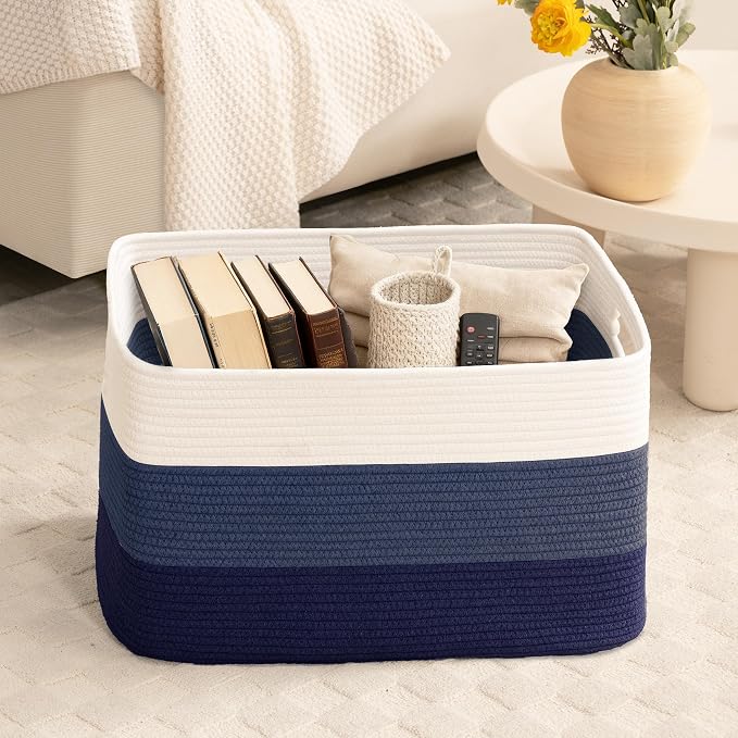 72L Large Laundry Basket with Leather Handles for Living Room Storage, Woven Rope Baskets Bin for Blanket, Kids Toy, Gifts, Wicker Hamper for Bedroom Dirty Clothes, 22"x17"x12" Gradient Blue