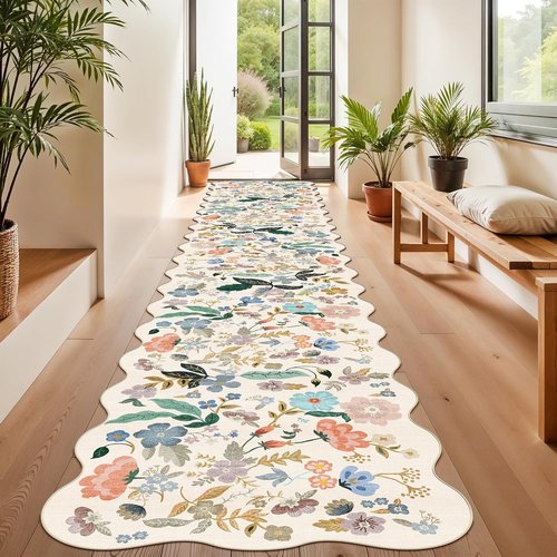 Hallway Floral Runner Rug - Washable Scalloped Soft Carpet with Non-Slip Backing | 2'6"x14", Cream