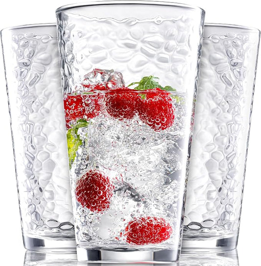 Le'raze Set of 10 Hammered Glass Cups, Clear Heavy Base Drinking Glasses | 16oz, Stackable, Durable, Dishwasher Safe, Freezer Safe, Non Slip, 100% Food Grade, BPA Free, Secure Packaging, Eco-Friendly